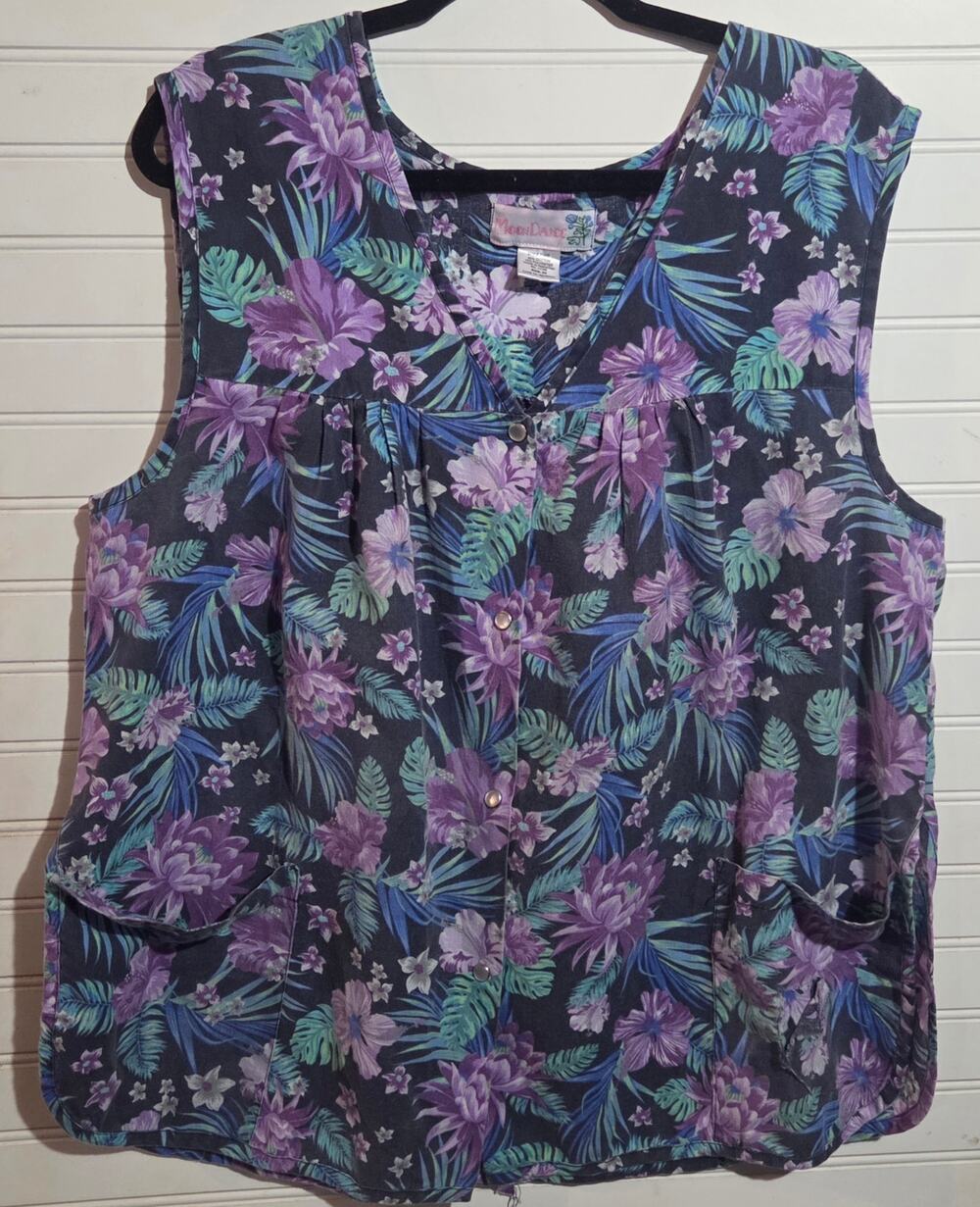 MoonDance Women’s XL Tropical Floral Sleeveless Button Front Blouse Pockets